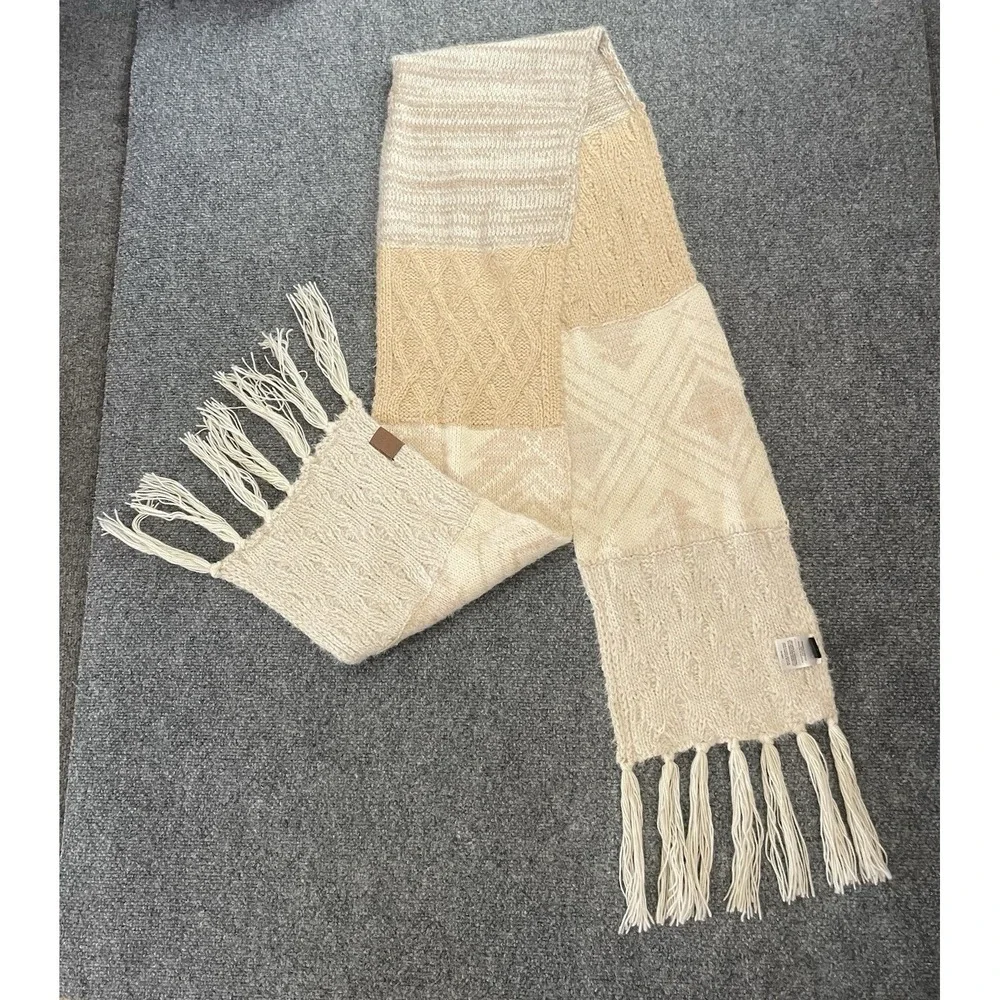 Idyllwind Scarf Womens OS Cream Beige Patchwork Cable Knit Tassel Fringe Boho